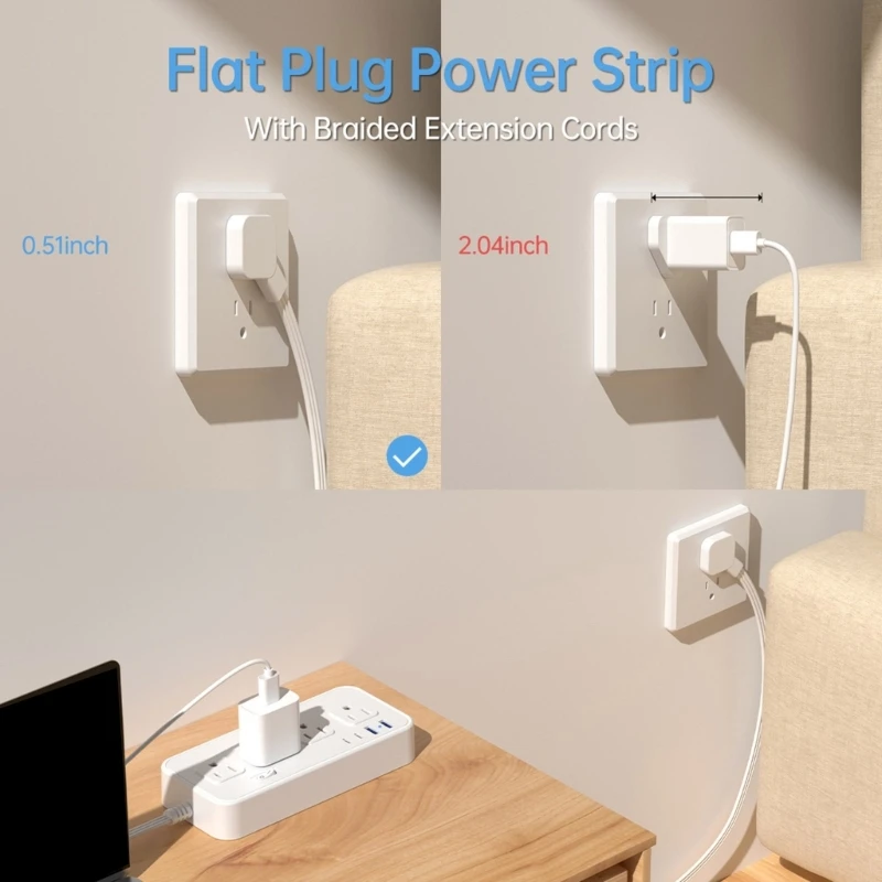 Multiple Outlet Power Strips 2Prong Flat Plug 5ft Extension Cord 8 Outlets 2 USB 2 Type C Port 2000J Surges Protections