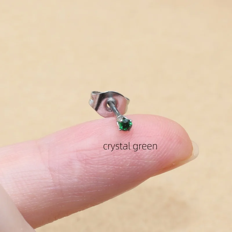 2PC Stainless Steel 2mm Colorful Green Crystal Zircons Stud Earrings For Men Women Delicate Fashion No Fade Allergy Free