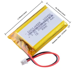 Batería Lipo recargable de 3,7 V, 2000mAh, 103450 JST, PH, 2,0mm, 2 pines, polímero de litio, para navegador DVR, cámara GPS, PS4, LIP1522