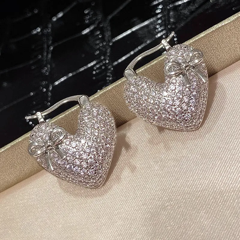 925 Sterling Silver Luxury Shining Bowknot Heart Earrings Female Delicate Love Jewelry Brilliant Zirconia Gorgeous Accessories