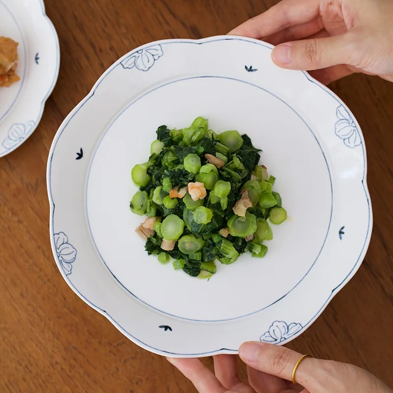 

Straw hat plate, high-grade underglaze blue and white hand-painted dish set, household dish combination tableware