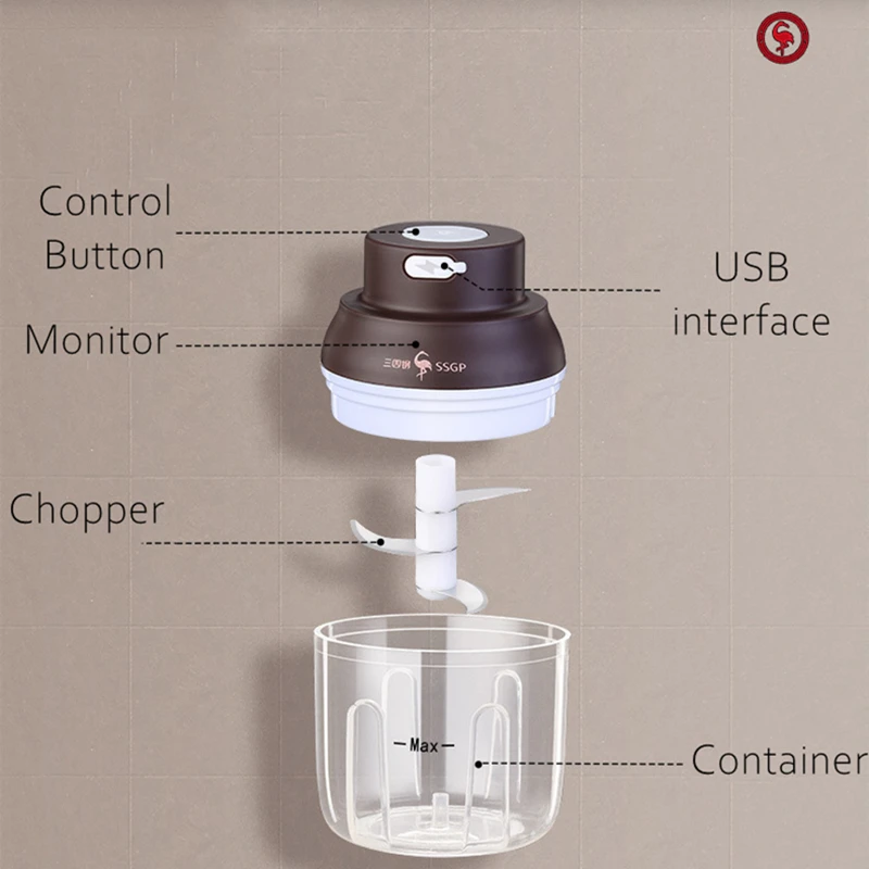 LFGB Certificated Rechargeable Auto Crusher with 420 Stainless Steel Ultra Sharp Blade and PP Container for Meat and Vegetables