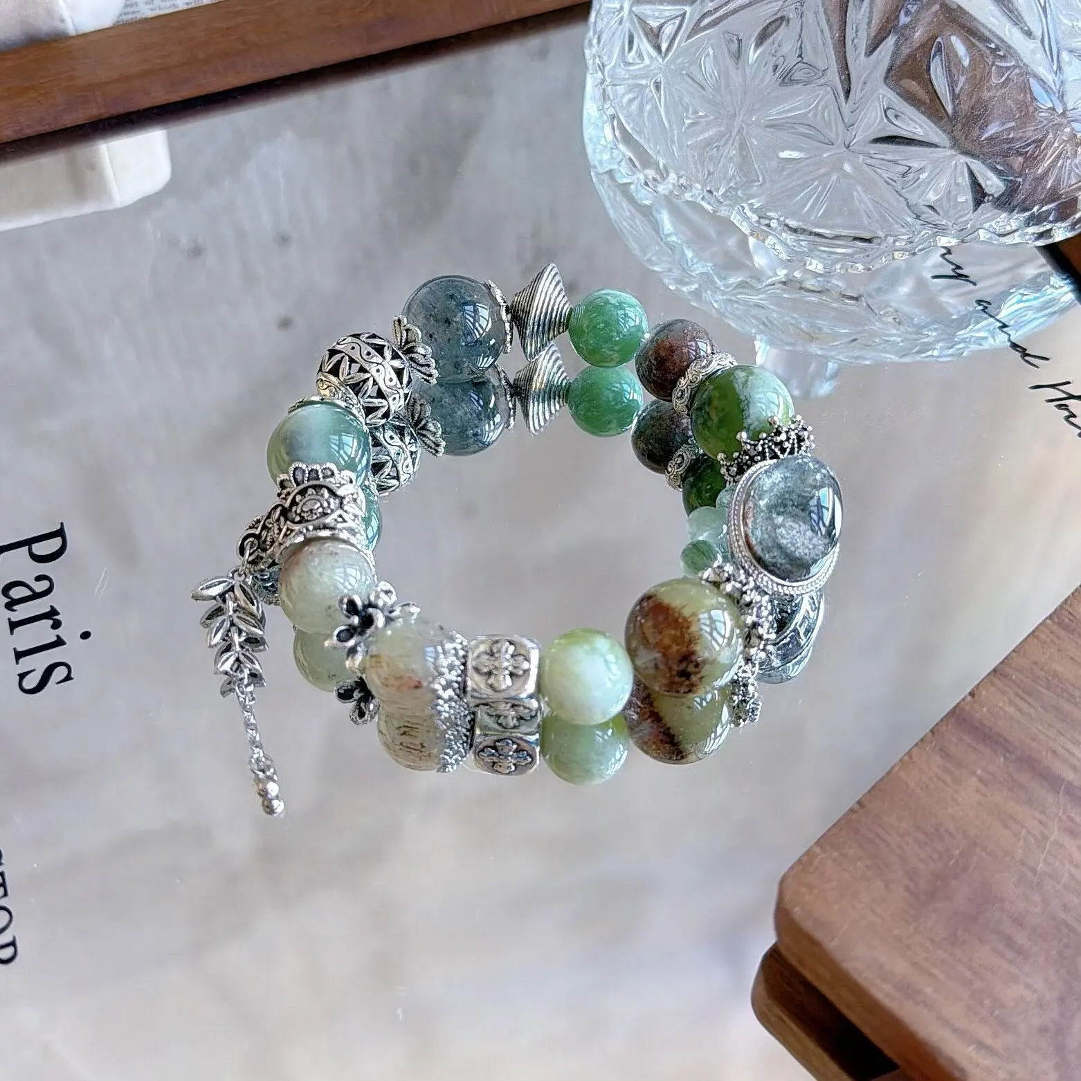 Chinese Style Mountain And Sea Scroll 13 To 15mm Natural Green Phantom Quartz Emerald Green Rutilated Quartz Feng Shui Lucky Wea