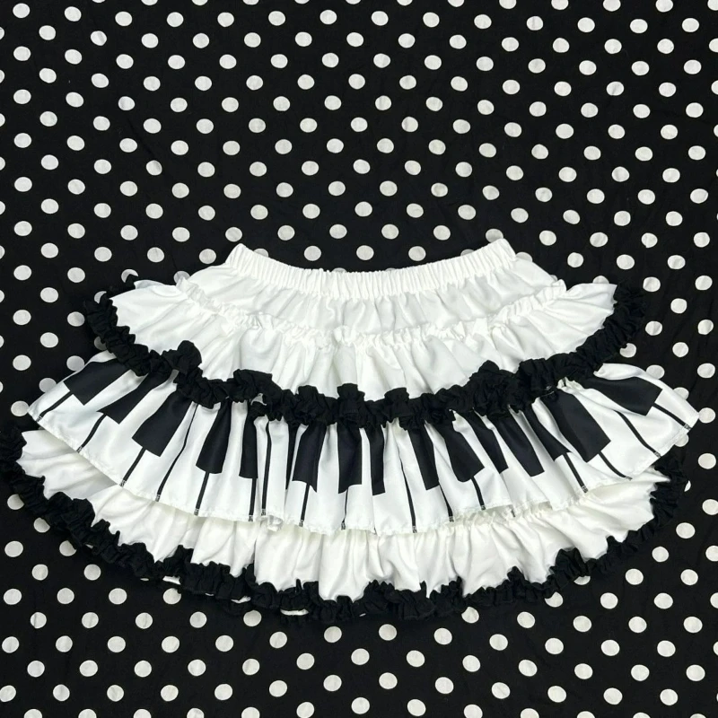 

Летняя женская мини-юбка 2026 в стиле Y2K: милая, эстетичная, черно-белая, с рюшами, в стиле Harajuku, с аппликацией в виде клавиш пианино ​ Гранж-фальдасы