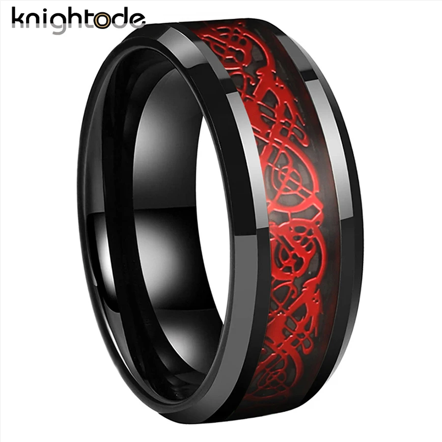 

8mm Tungsten Wedding Band Red Dragon And Black Carbon Fiber Inlay For Men Women Engagement Jewelry Beveled Polished Comfort Fit