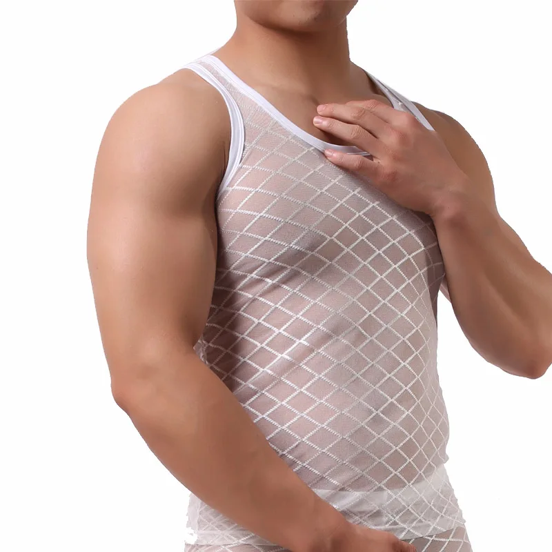 Sleeveless Men Tank Tops Sexy Thin Mesh See Through Men Vest Erotic Transparent Gay Underwear Black White Man Muscle Singlet