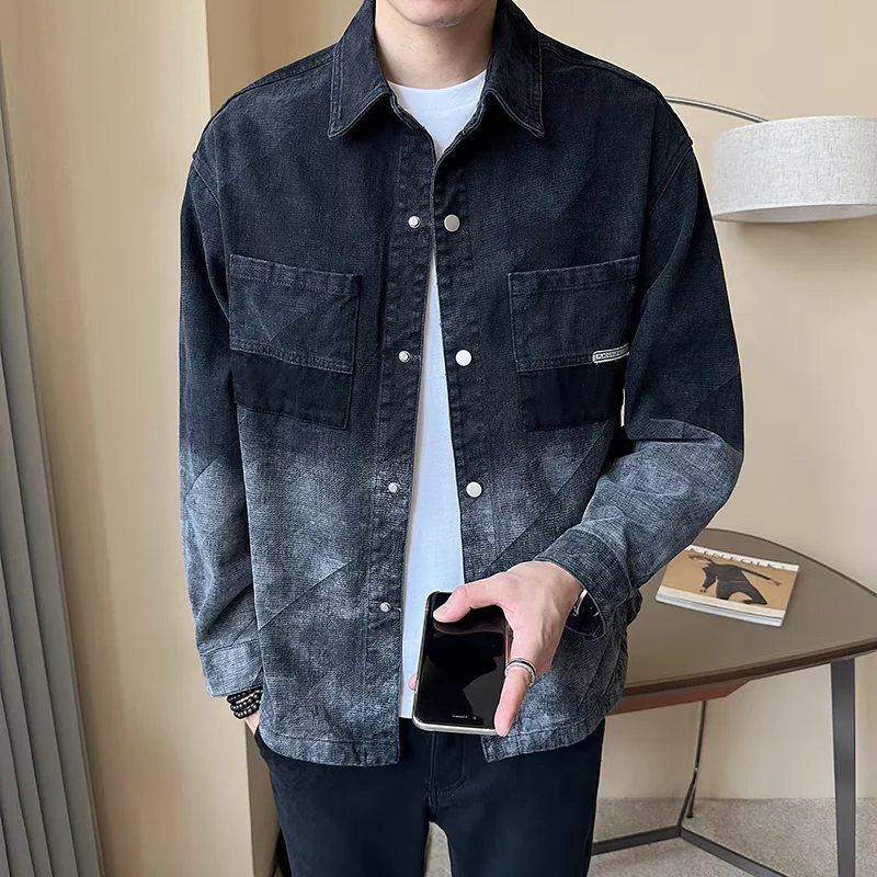 

Men's Loose Fit adient Color Denim Jaet Spring Autumn Casual Trendy irt Sle Coat Stand Version No Brand