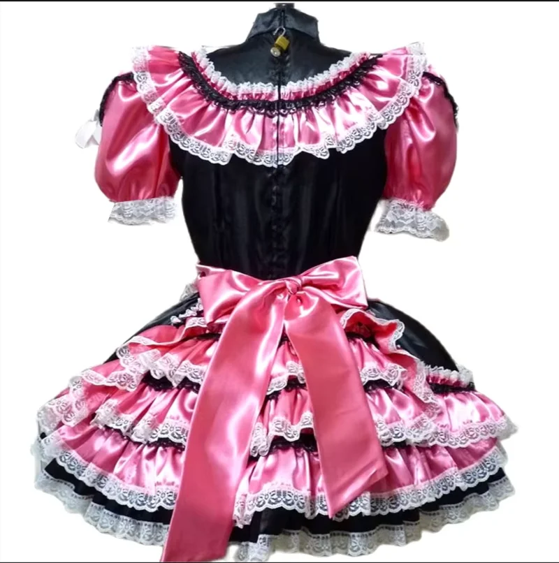 Fashion Adult Giant Baby Sexy Pink Satin Dress Black Apron Sissy Makeup Prom Maid Dress Custom Lockable Multiple