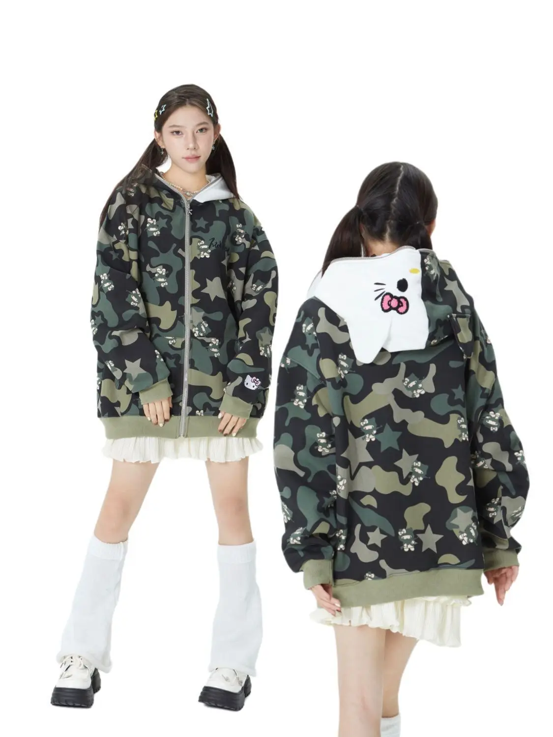 Hello Kitty Y2K Jacket Sanrio Zipper Cardigan Hoodie Camouflage Blouse Sweatshirts Autumn Long Sleeve Sweater Jacket for Female