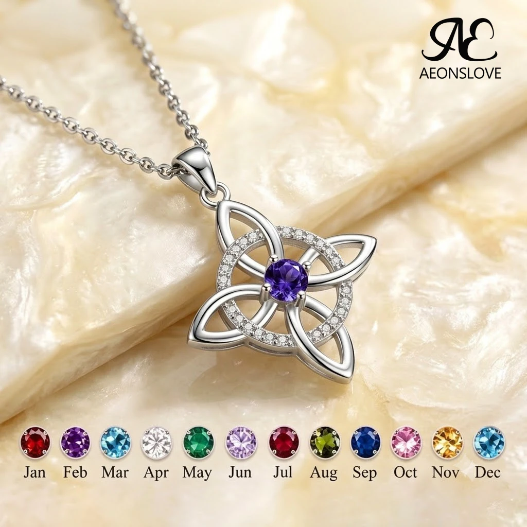 AEONSLOVE 925 Sterling Silver Birthstone Witches Knot Necklace for Women Celtic Knot Zircon Pendant Amulet Wicca Jewelry Gifts