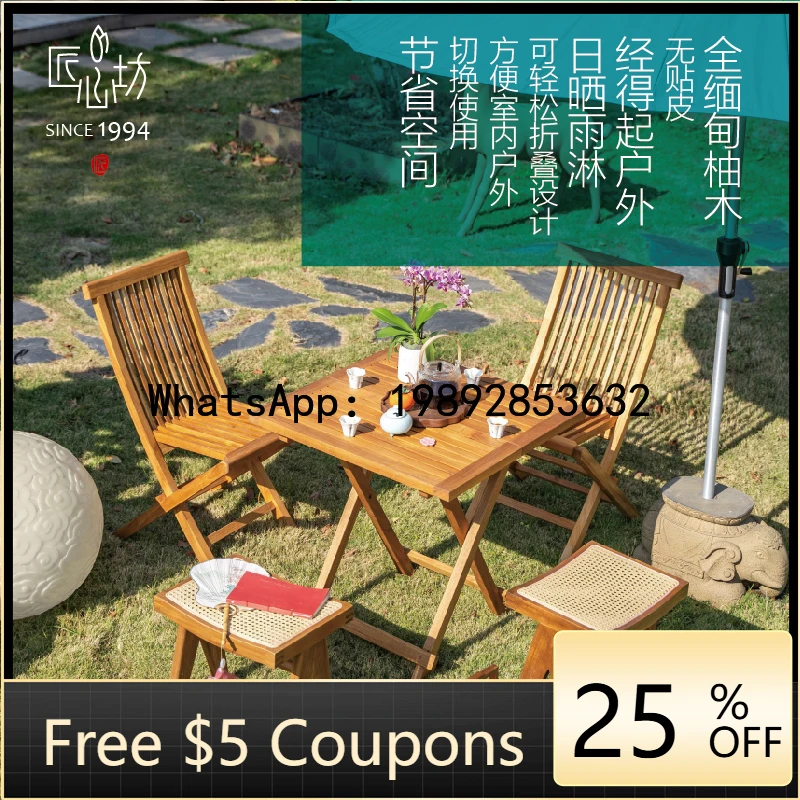 

LX Balcony Solid Wood Table and Chair Set Courtyard Leisure Outdoor Foldable Chair Burmese Teak Villa Tea Table