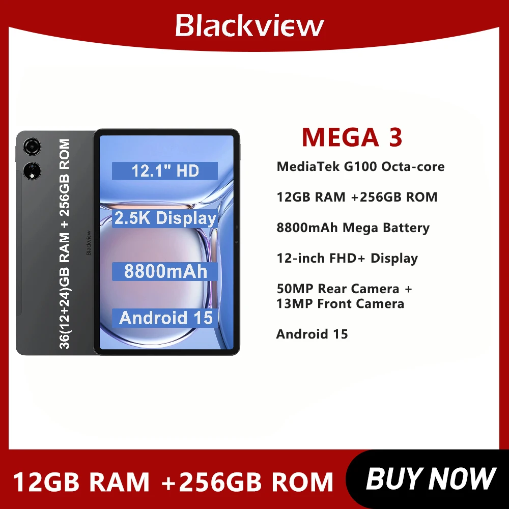 Blackview Tablet 12.1Inch 2.5K 90Hz Display 12GB 256GB 8800mAh Tablets PC Android 15  33W Fast Charging 50MP MEGA 3 Smart Pad