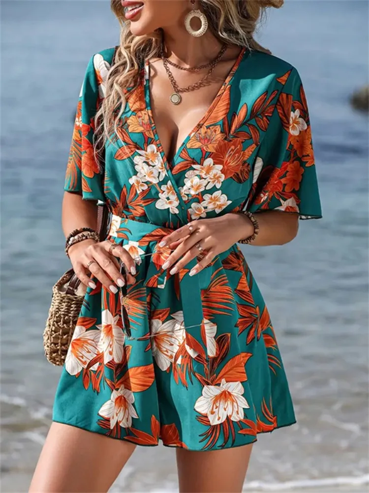 Lemongor Women's 2026 New Floral Printed Wrap V-Neck Romper Belted Half Sleeves Casual Summer Vacation Beach Playsuit
