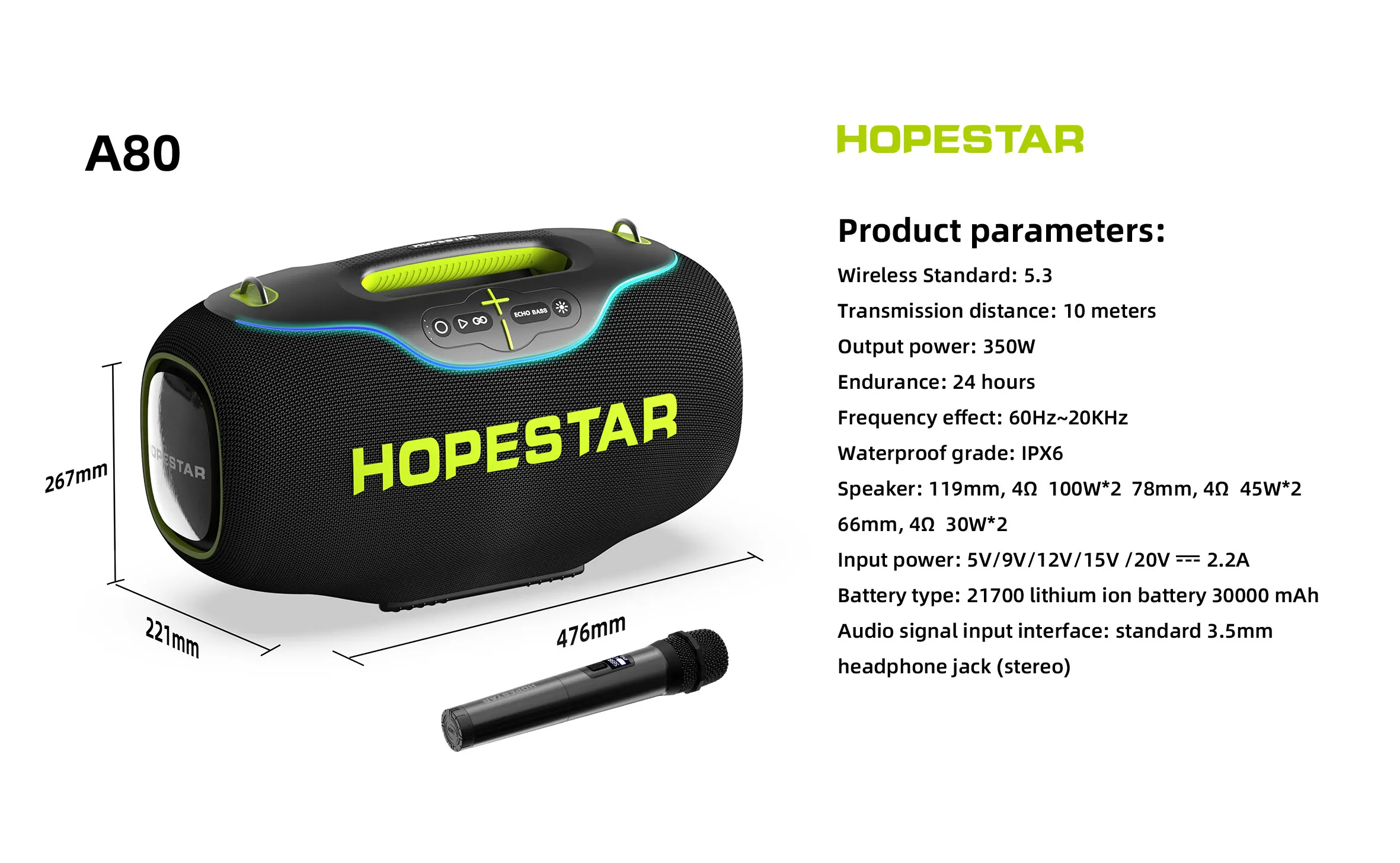 

Hopestar A80 High Quality Portable Subwoofer Speaker RGB Fashion Design IPX6 Waterproof Mini Microphone Battery-Portable