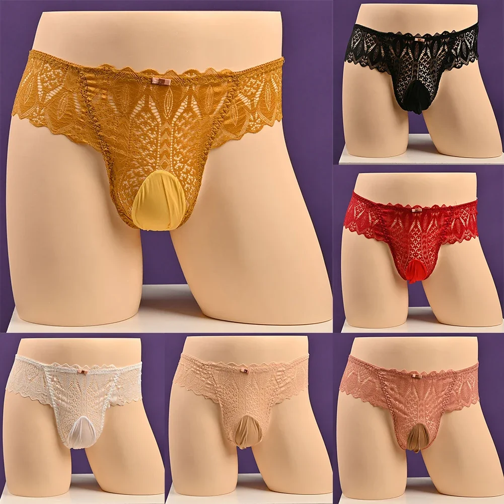 Mens Sexy Underwear Briefs Low Waist Sissy U Convex Pouch Panties Lace Mesh Hollow Out Lingerie Slips And Thongs Men Underpants