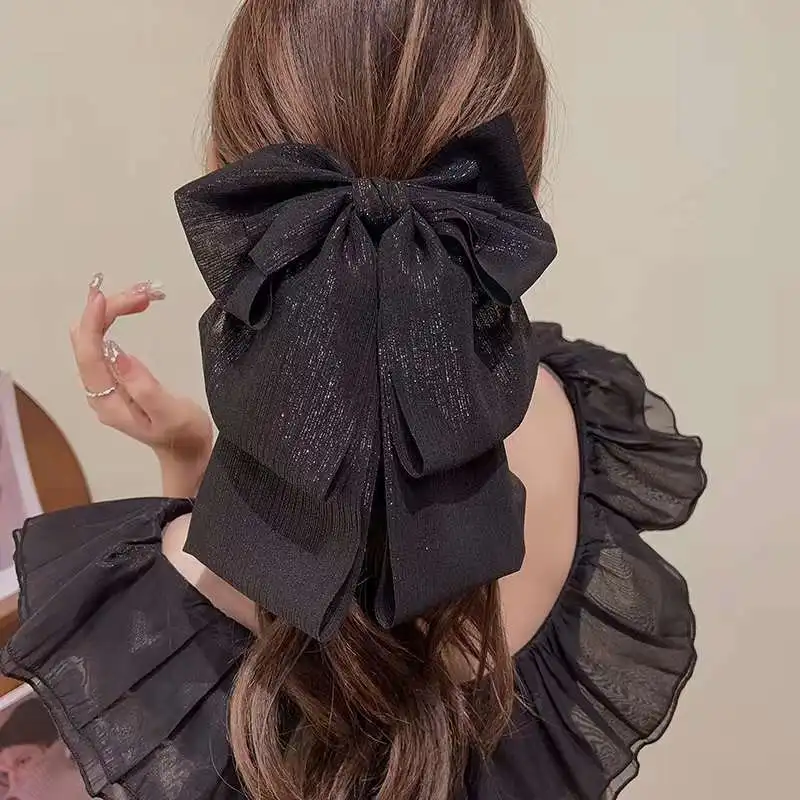 Sparkling Black Big Bow Hair Claws Headdress for Women Fashion Vintage Ponytail Clip Elegant Sweet Hairpins Hair Accessories New