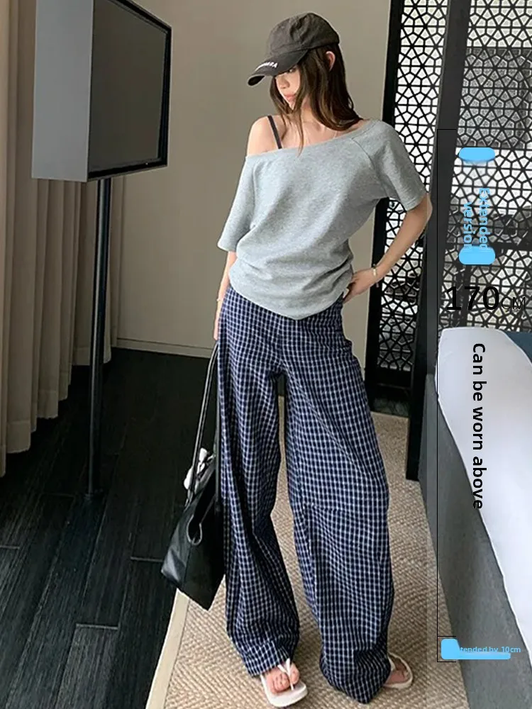 

Summer New American Sle Plaid Wide Leg Pants Women's Belted Straight Leg Trousers Hip Concealing Long Trousers Casual Commu...