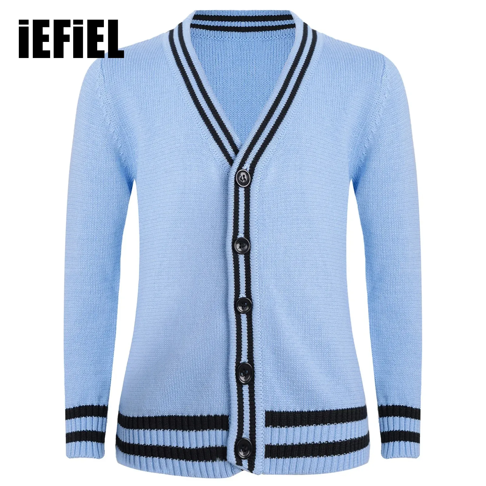 

Kids School Uniform Sweater Boys Girls Striped Trim Knitted Cardigan Casual Long Sleeves Button Down Sweater Outerwear