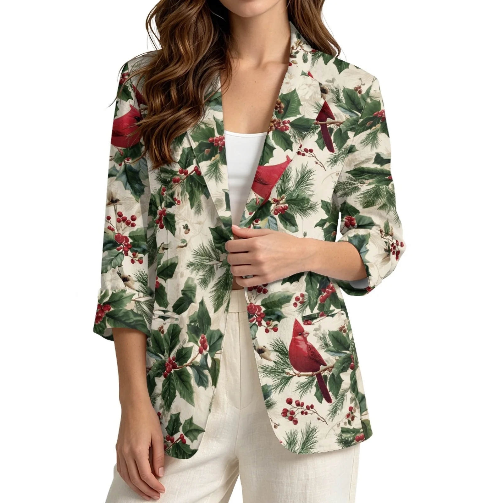 PENSTROLL Cardinal Holly Print Linen Like Beach Cover Up Fall Outwear Tops for Women Lightweight Beach Cardigan