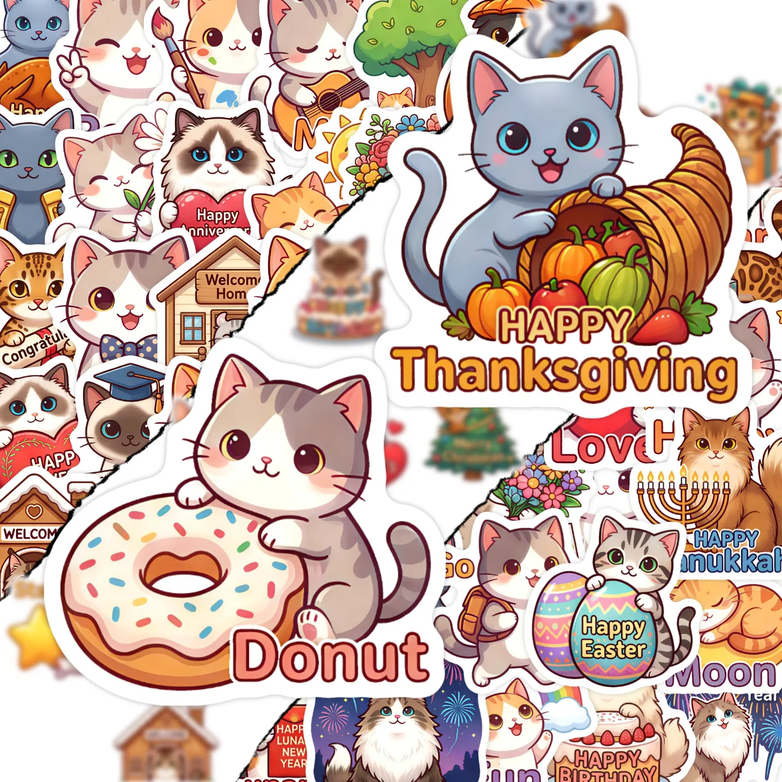 15/30/50Pcs Cute Cat Cartoon Kitten Holiday Blessing Greeting Quote Decals Scrapbook Journal Waterproof Laptop Bottle Stickers