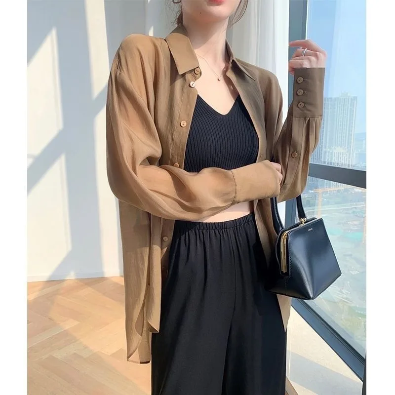 

French Transparent Sun Protection Shirt for Women in Autumn Thin Design Fashionable Casual Loose Temperament Chic Cardigan