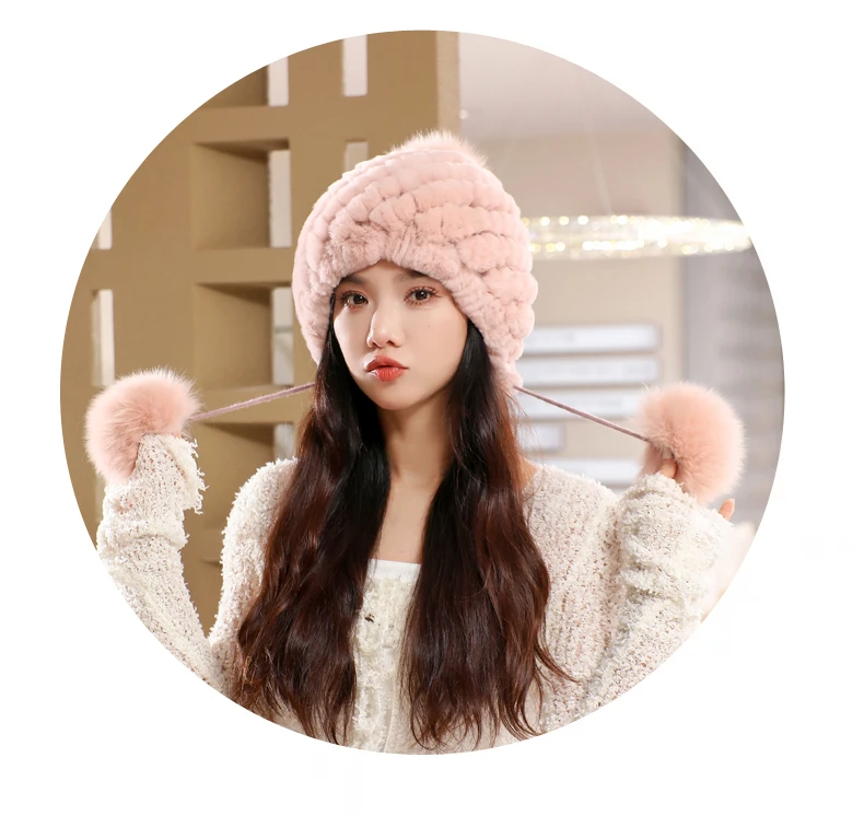 Echte Rex Kaninchen Pelzmütze für Frauen Herbst Russische ushanka Streifen Pelzmütze dame winter Warme Kopf Tragen Elastische Gestrickte Bomber Hüte – Detail 6