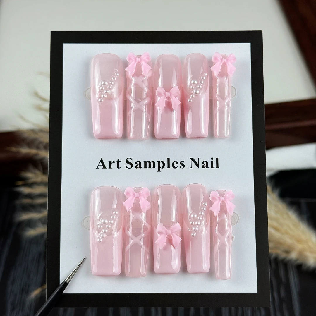 10pcs High-end Pink girl style, hand-painted three-dimensional bow, shiny small pearls handmade fake nails