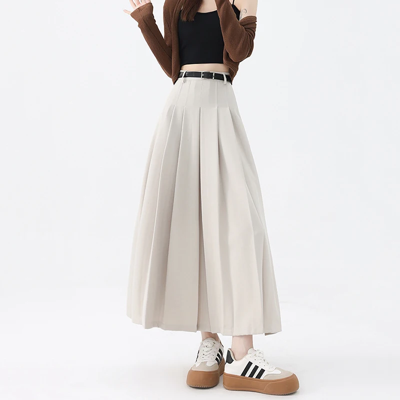 Preppy Style Gray High Waist Suit Skirt Women Korean Fashion A Line Pleated Skirts Woman Autumn Winter Long Skirt with Belt