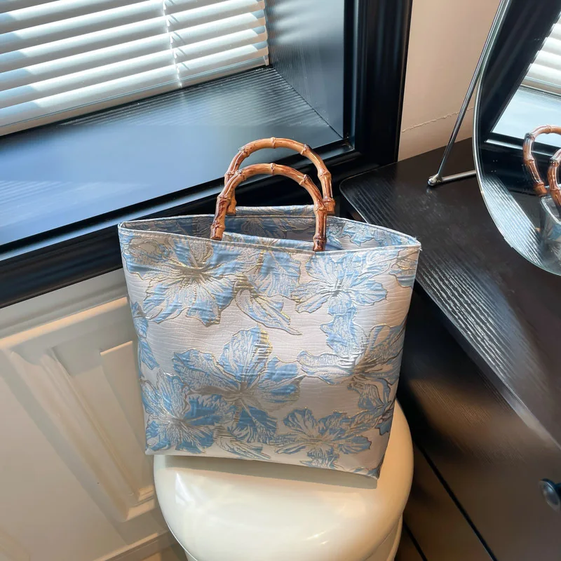 1pcs Vintage Chinese Jacquard Hanfu Tote Bag - Large Capacity Women's Handbag with Bamboo Detai