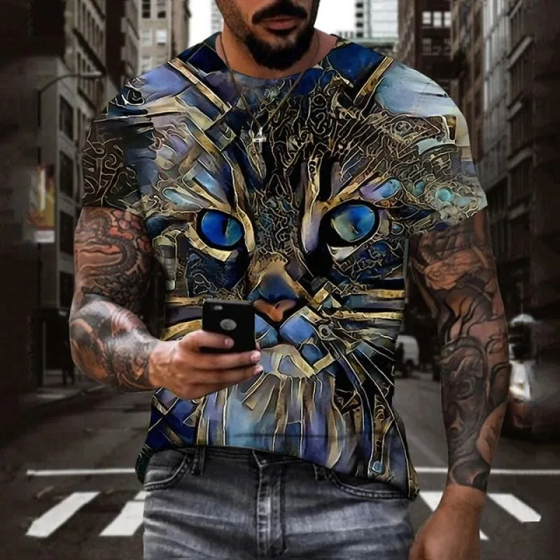 2025年ファッション 3Dアニマルプリント 猫柄Tシャツ 夏ファッション 半袖 クール メンズ カジュアル ストリートウェア ヒップホップ