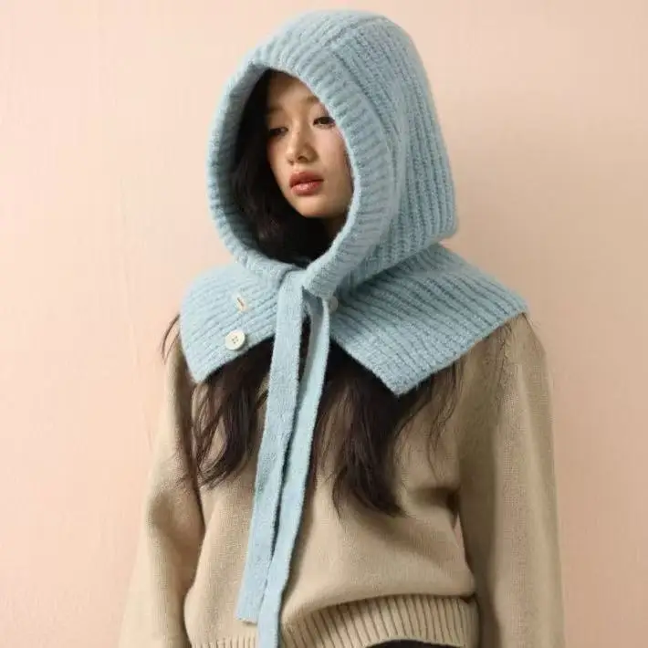 Mochi coreano invierno Neckmer para mujer pasamontañas bufanda sombrero de una sola pieza orejeras diadema cálido sombrero de bombardero de punto