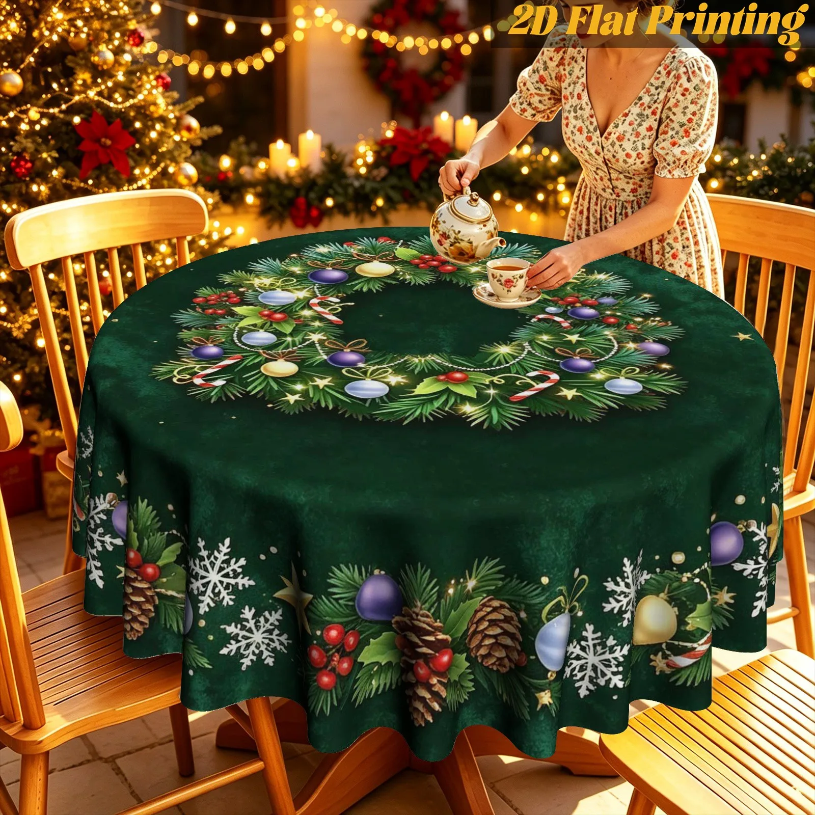1 piece, lush green plant garland, pine cone decoration, snowflake print round tablecloth