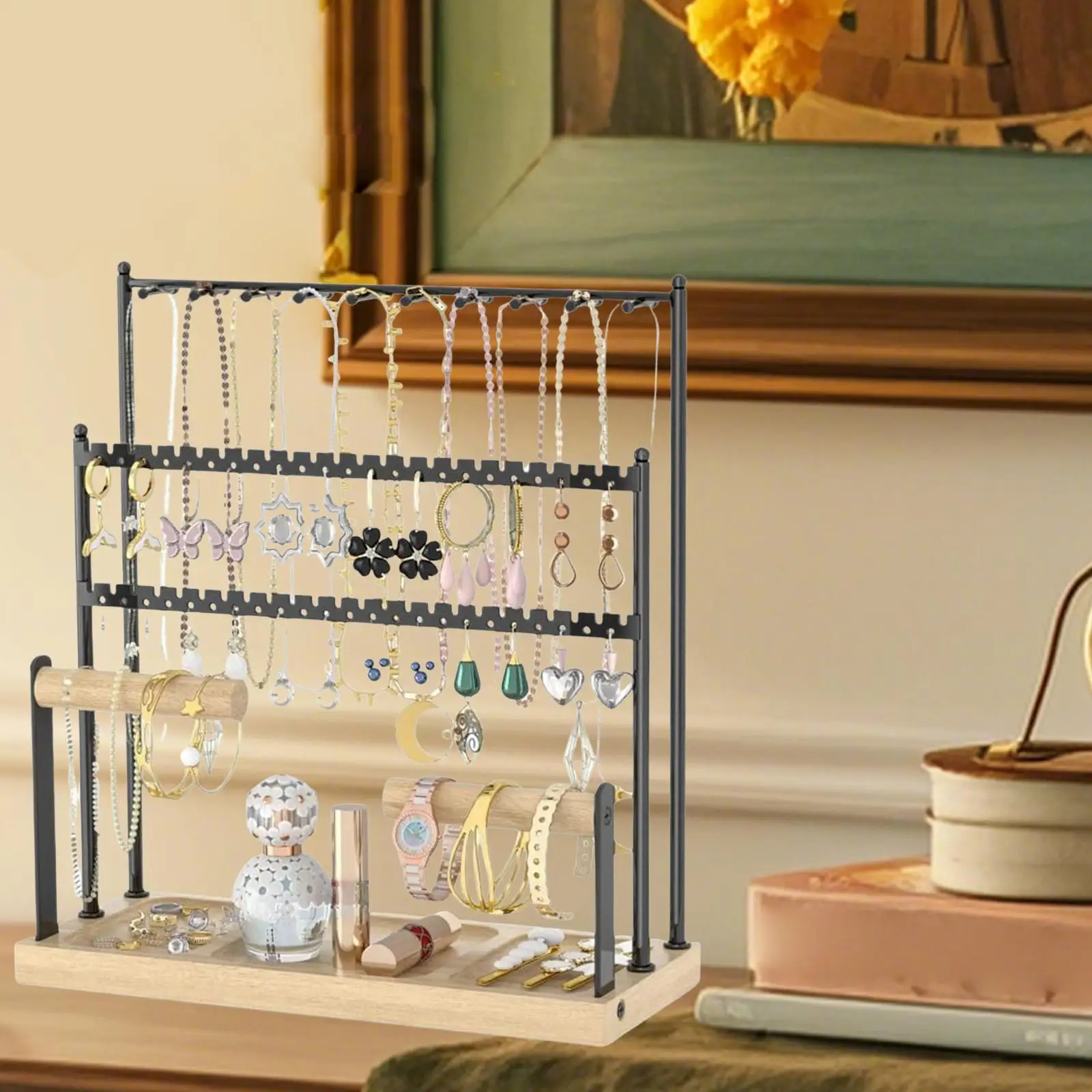 

Jewelry Stand Showcase Store Decoration Practical with Wooden Tray for Desk Ladies Bracelets Earrings Apartment Rings Watches
