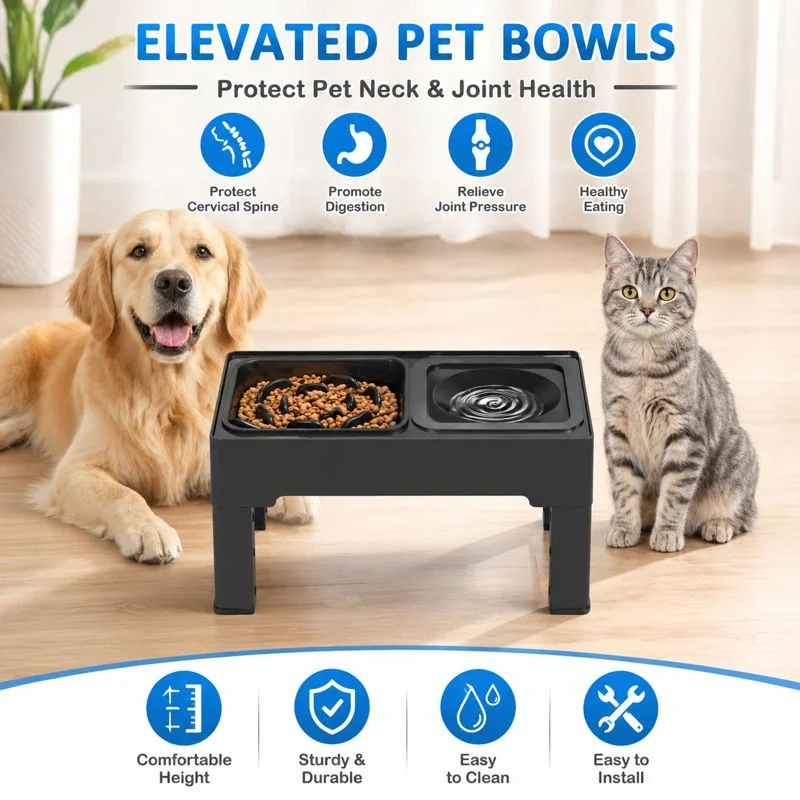 Slow Feeder Dog Bowl Stainless Steel Double Food Water Feeder Adjustable Elevated Stand Anti Choking for Puppy and Adult Dog