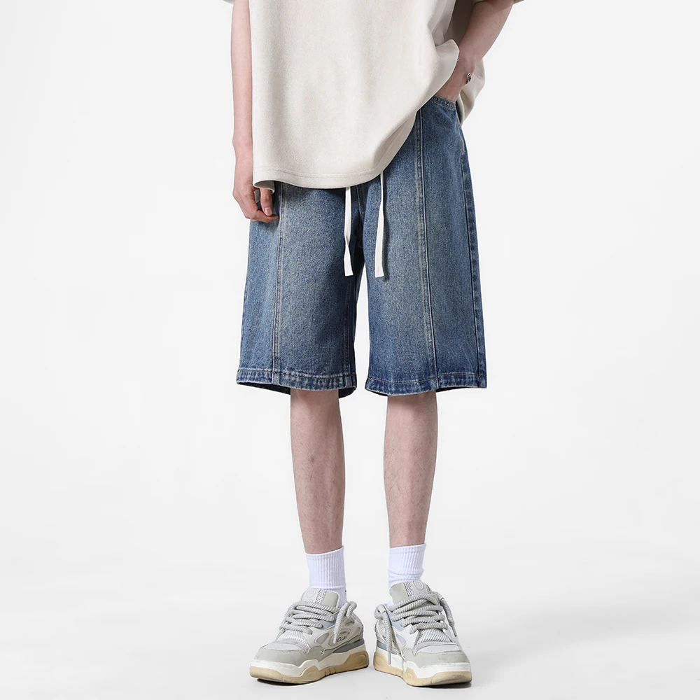 

Retro American Sle Men's Denim orts Casual High Waist Loose Straight Leg Five-Quarter Length Summer Faion Jeans