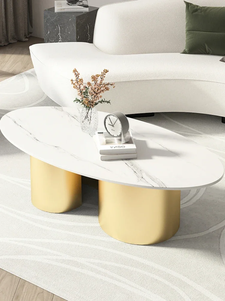 Light Luxury Oval Rock Plate Mother Tea Table Simple Household Tempered Glass Edge Table Side Table