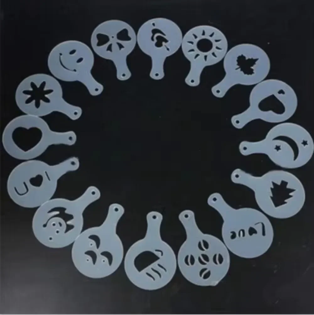 16Pcs/set for Fashion Cappuccino Coffee Barista Stencils Template Strew Pad Duster Spray Tools AF019