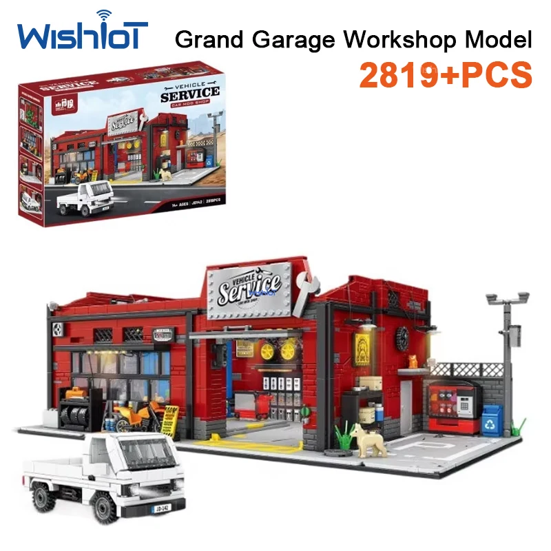 JD142 2819Pcs City Service Car Repair Shop Building Blocks With LED Light MOC Street View Garage Construction Toys For Boys
