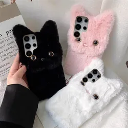 3D Cute Warm Fur Cat Case For Samsung S24 FE S25 Ultra A06 A16 A26 A36 A56 A05 A15 A25 A35 A55 Furry Fluffy Plush Soft Back Case