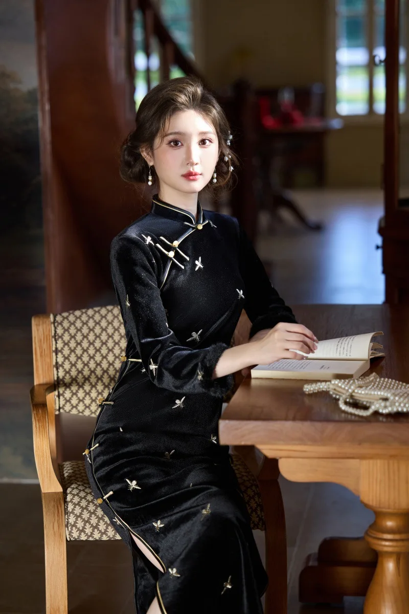 شتاء جديد المخمل الصيني تحسين شيونغسام سميكة مطرزة كسر زهرة الرجعية شيونغسام نمط طويل تشيباو #6