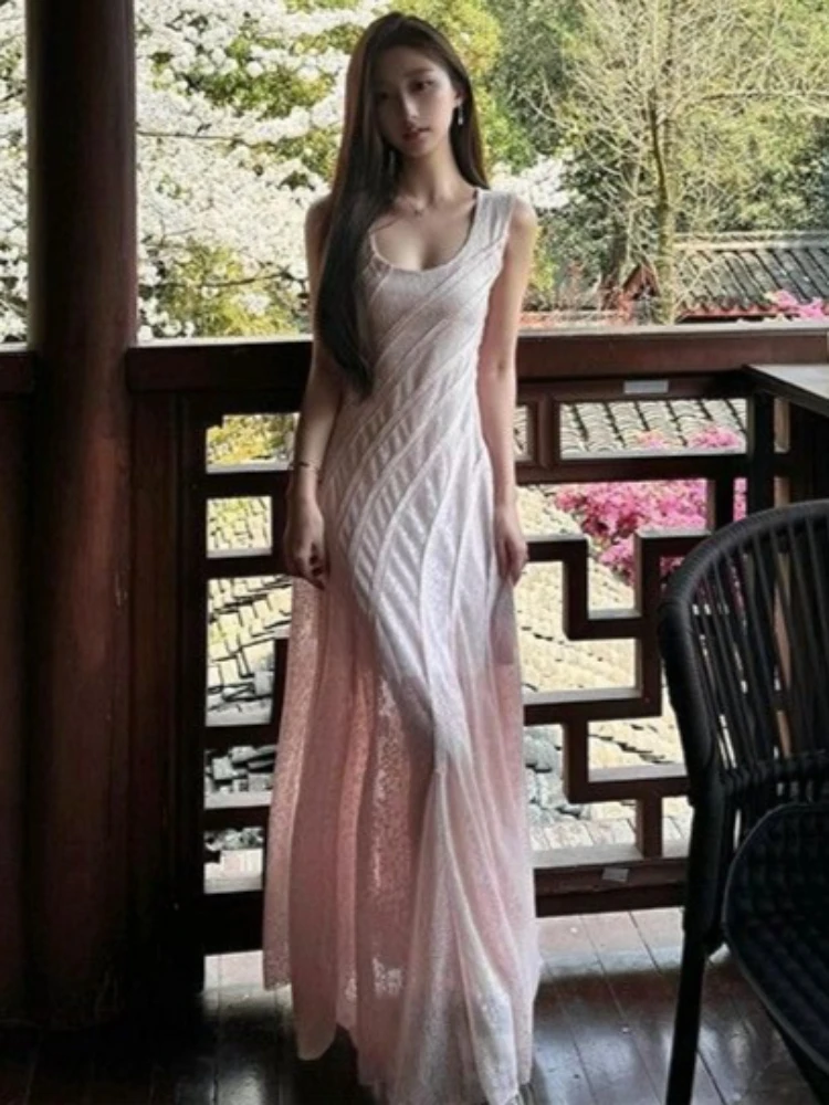 

Chic Lace Patchwork Temperament Dresses For Women U Neck Tunic A-line Robe 2026 Vestidos De Mujer Fashion Sleeveless ​maxi Dress