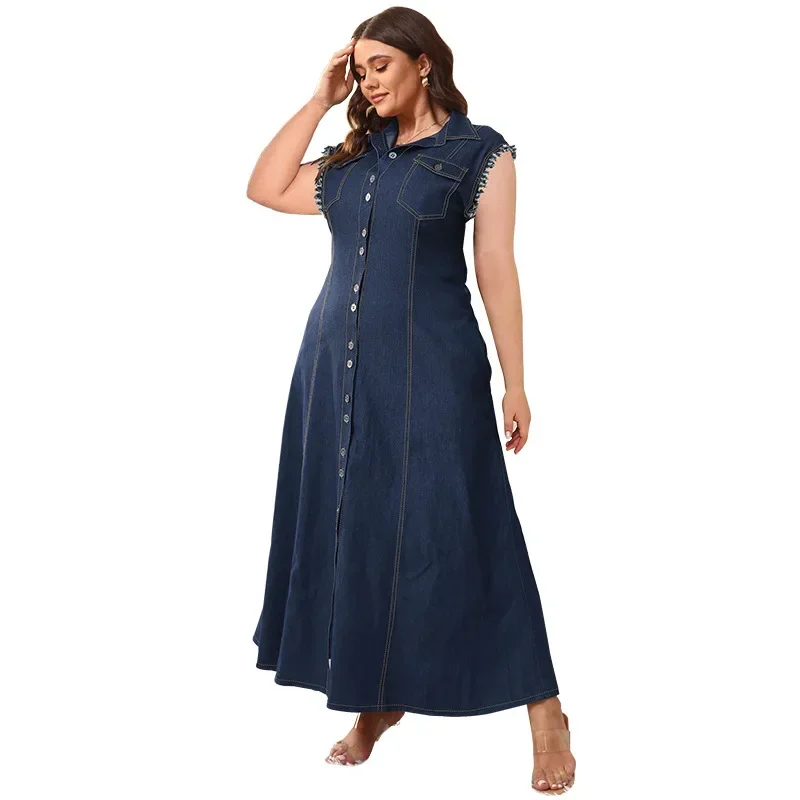 

2025 Summer Button Plus Size Shirt Denim Dress Women Turn-down Collar Large Jean Dress Ladies Big Sleeveless Pleated Long Dress