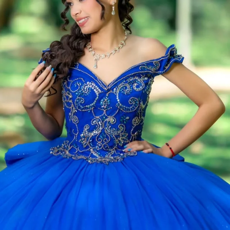 

Royal Blue Quinceanera Dress off-shoulder Beadwork glitter 3D flower decal Long tail Bow vestidos de 15 Quinceanera ﻿Customize