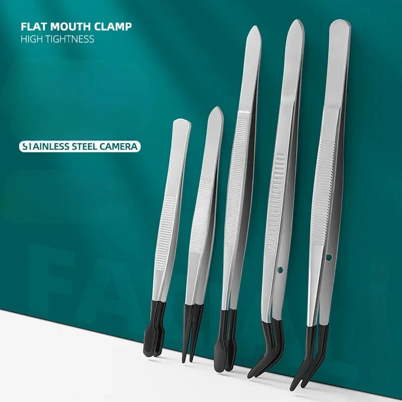 1-5PCS Anti-Slip Rubber Coated Precision Tweezers Set,Straight/Bent Flat Tip for Jewelry,Electronics Repair,Nail Stamping DIY