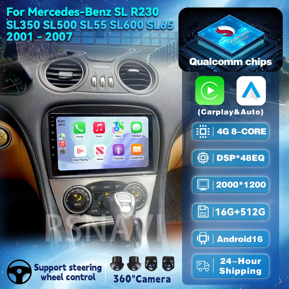 Android 16 Carplay BT For Mercedes-Benz SL R230 SL350 SL500 SL55 SL600 SL65 2001 2002 - 2007 Multimedia Car Radio Player WIFi+4G