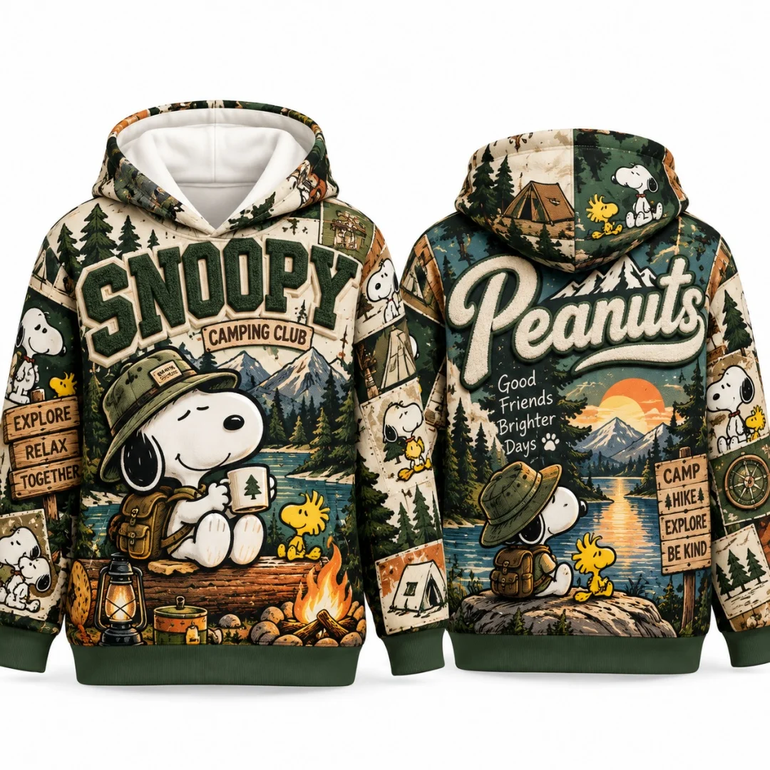 Snoopy Forest Camping Outdoor Kids Hoodie Boys Girls Cartoon Wilderness Adventure Pullover Long Sleeve Hooded Sweatshirt