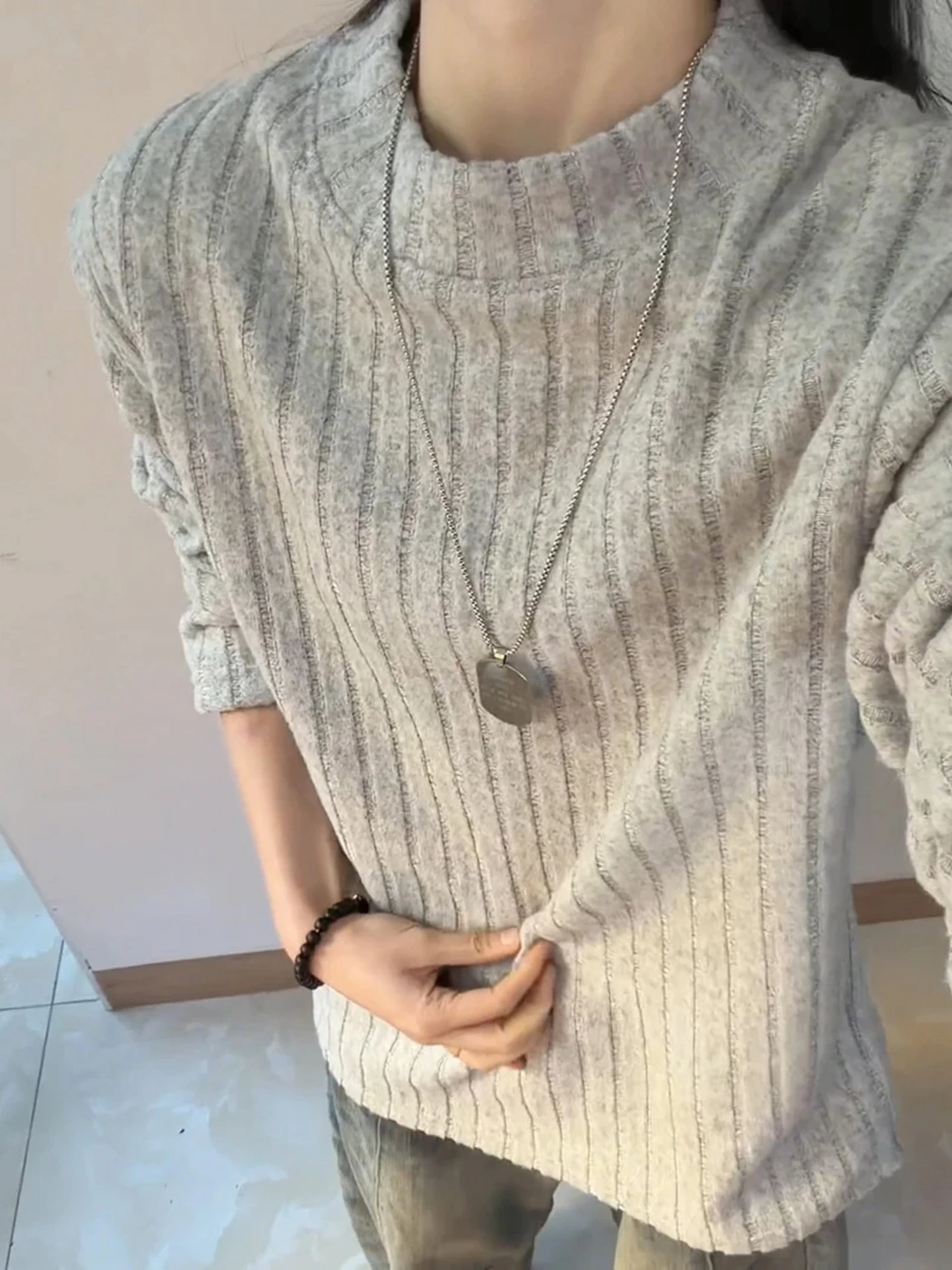 

ay f-High Collar Men's Long Sve Fce Lined T-irt Winter Base Layer irt Casual Sle Inner Wear Stripe Pattern