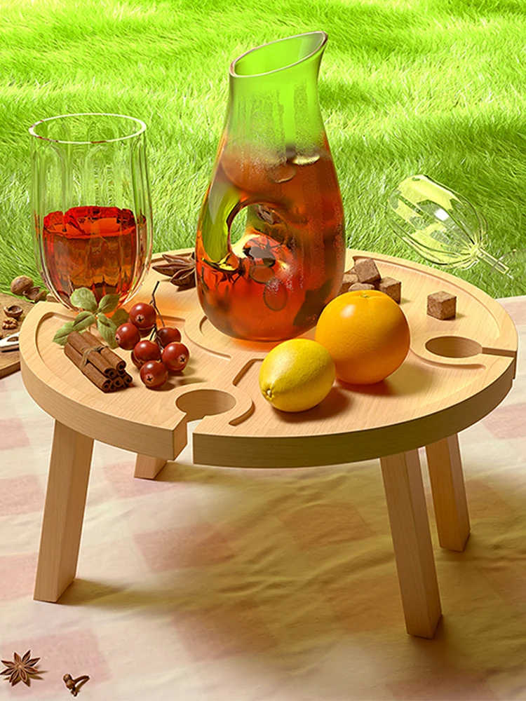 Spring outing picnic small table portable red wine glass wine rack wooden dining plate folding circular wine table outdoor snack