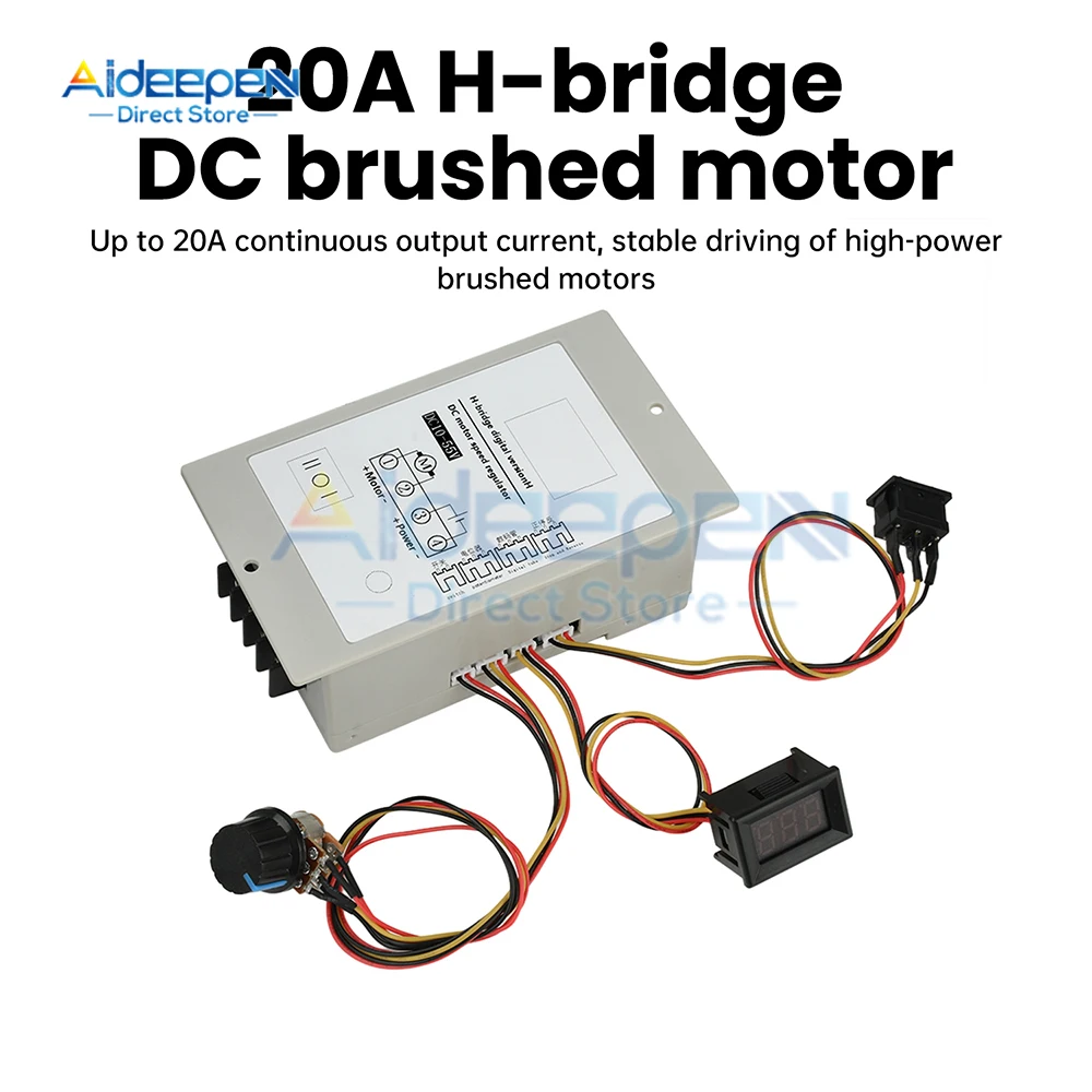 

Контроллер скорости двигателя постоянного тока 10-55 В 20 А с H-образным мостом и светодиодным цифровым тахометром вперед и назад для матовых двигателей промышленного использования