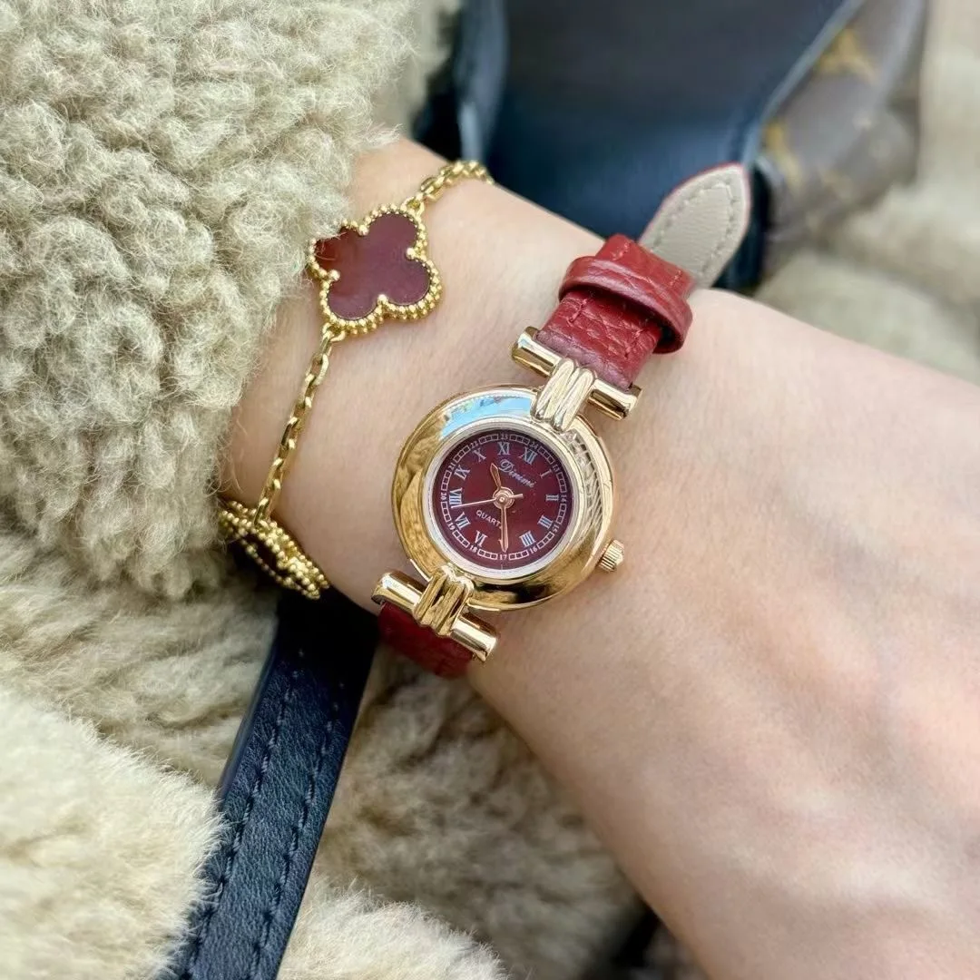Women Quartz Watch Luxury Diamond Reloj Vintage Red Leather Strap Clock Ladies New Stainless Steel Orologio Rose Gold Wristwatch
